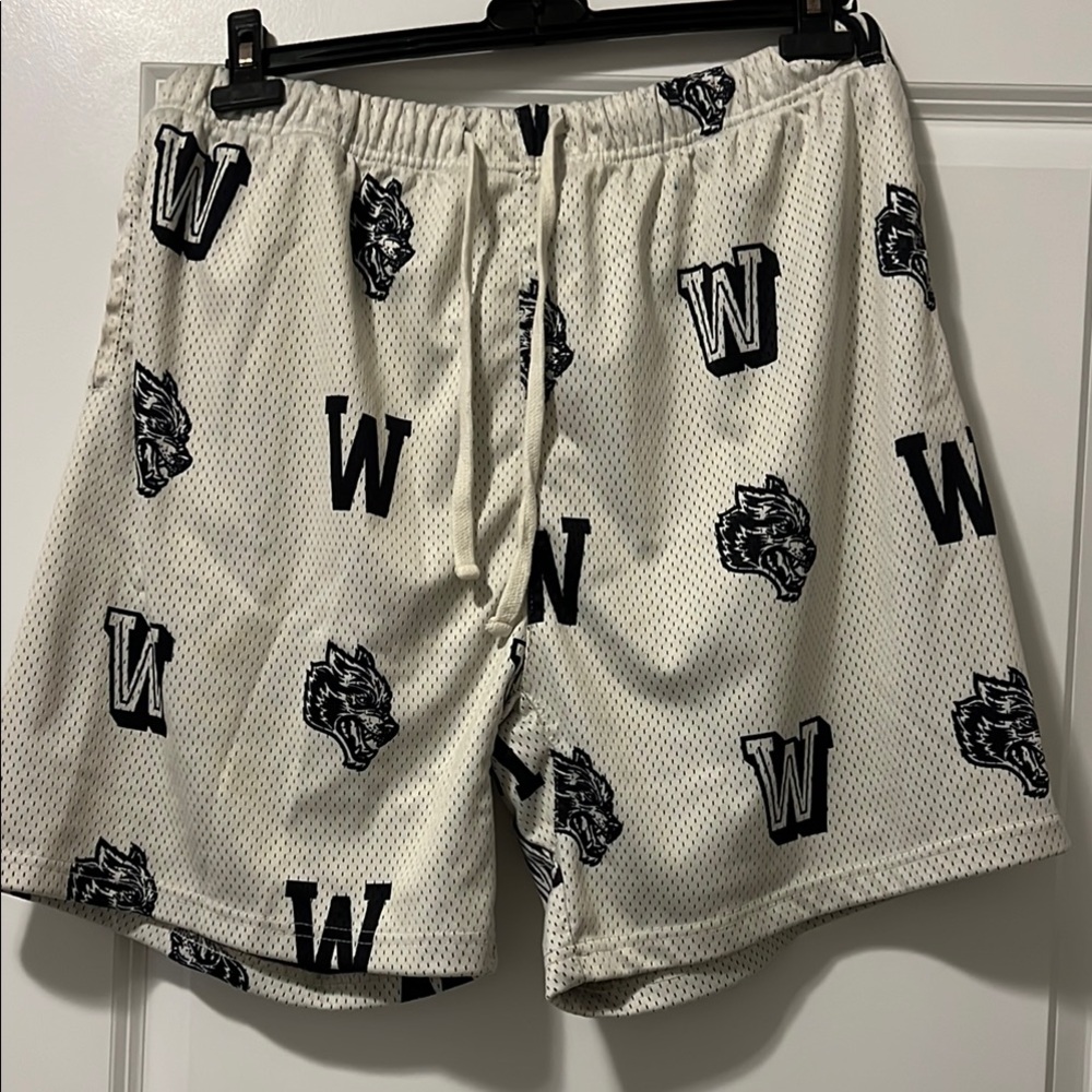 Cream Mesh Men's Shorts with Black Print